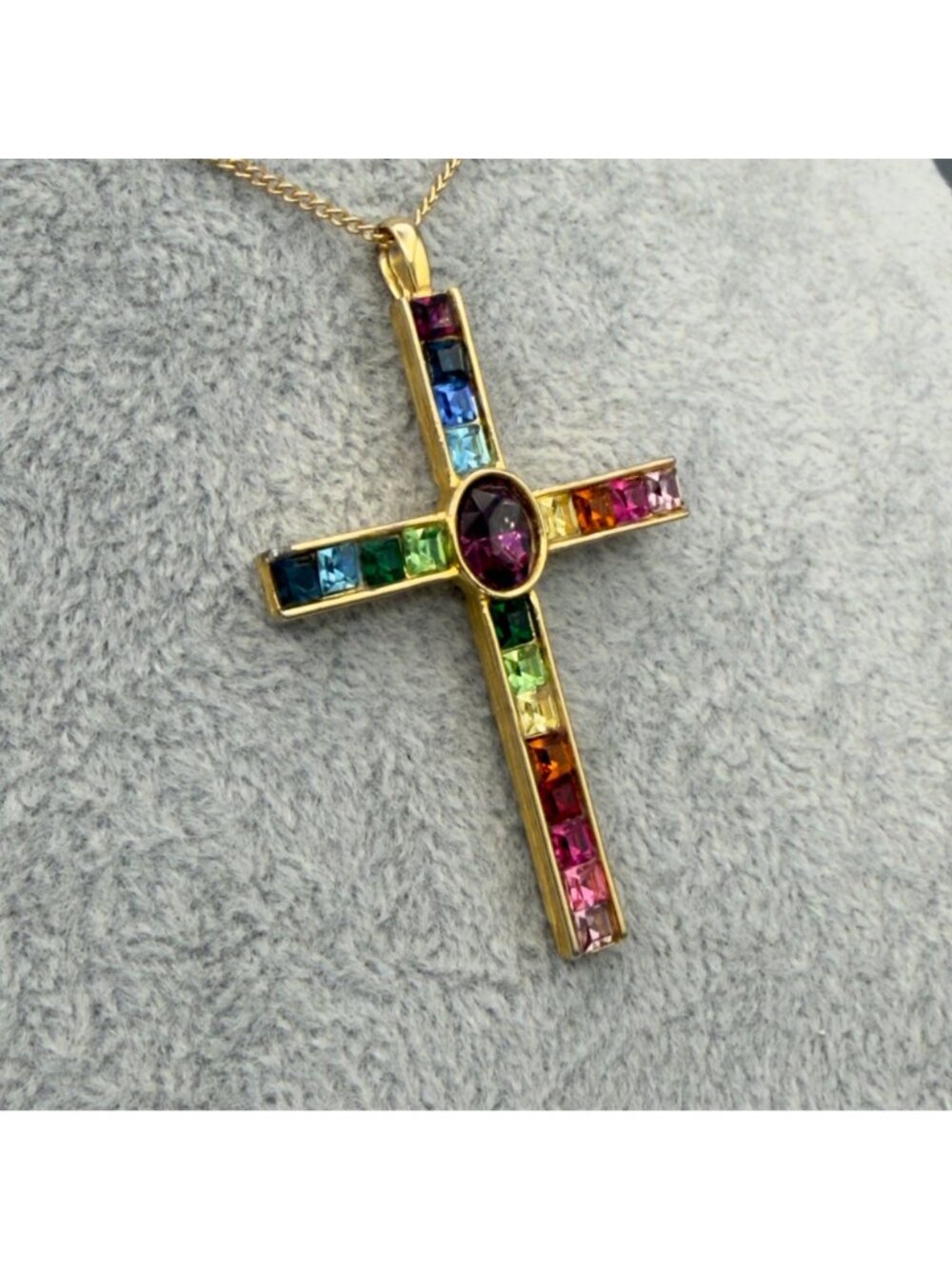 Vintage P S Co 1998 Gold Tone Multicolor Crystal Cross Pendant Necklace Rainbow - Picture 3 of 15